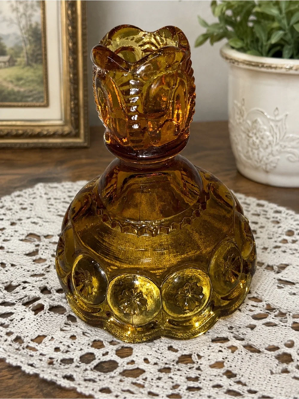 Pair Vintage Amber Glass Candle Holders Pressed Glass Daisy Button
